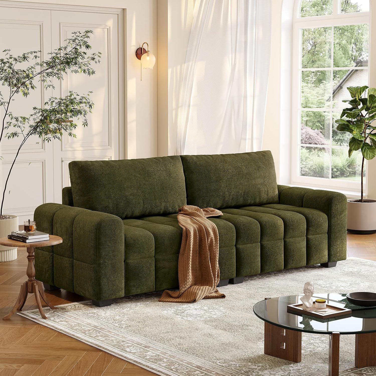 ONBRILL Sofá biplaza de 82 pulgadas, moderno sofá de felpilla para sala de estar, cojín de asiento de punto de tiro, fácil montaje, cómodo asiento de dos plazas para espacios pequeños, dormitorio, apartamento, verde