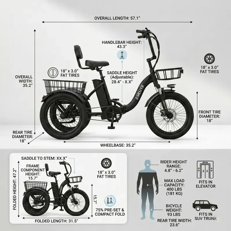 Bicicleta de carga ESKUTE para adultos, triciclo eléctrico plegable de 3 ruedas con motor de 1200 W, neumáticos anchos, respaldo y manillar de bicicleta, bicicletas eléctricas para adultos, pedaleo/asistencia/acelerador tiktokshopbacktoschool