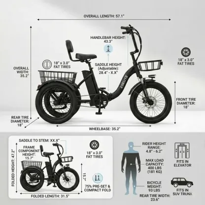 Bicicleta de carga ESKUTE para adultos, triciclo eléctrico plegable de 3 ruedas con motor de 1200 W, neumáticos anchos, respaldo y manillar de bicicleta, bicicletas eléctricas para adultos, pedaleo/asistencia/acelerador tiktokshopbacktoschool