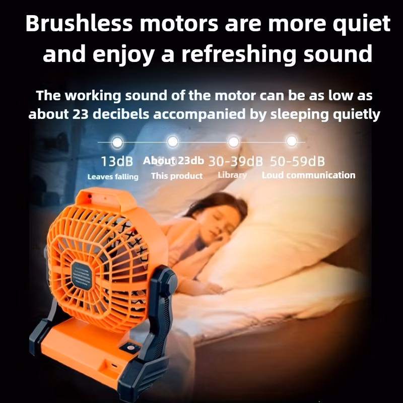 Ventilador portátil para camping al aire libre con luz led de brillo ajustable, gancho, recargable por usb, batería incorporada de 7800 mah para mayor duración, con ángulos ajustables de 270° y control de velocidad sin escalones