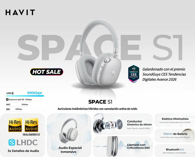 Mejores que los AirPods Max Audífonos HAVIT SPACE S1 Diadema | ANC Híbrido -45dB | Batería 100 Horas | Bluetooth 6.0 | Audio Hi-Res LHDC | Espuma Memoria Cómodos Todo el Día| 5 Micrófonos ENC Llamadas Nítidas | Carga Rápida 5min=5h | Audio Espacial | Cone