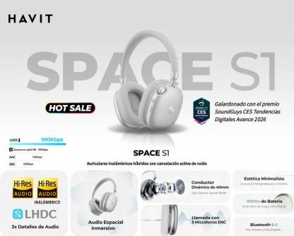 Mejores que los AirPods Max Audífonos HAVIT SPACE S1 Diadema | ANC Híbrido -45dB | Batería 100 Horas | Bluetooth 6.0 | Audio Hi-Res LHDC | Espuma Memoria Cómodos Todo el Día| 5 Micrófonos ENC Llamadas Nítidas | Carga Rápida 5min=5h | Audio Espacial | Cone