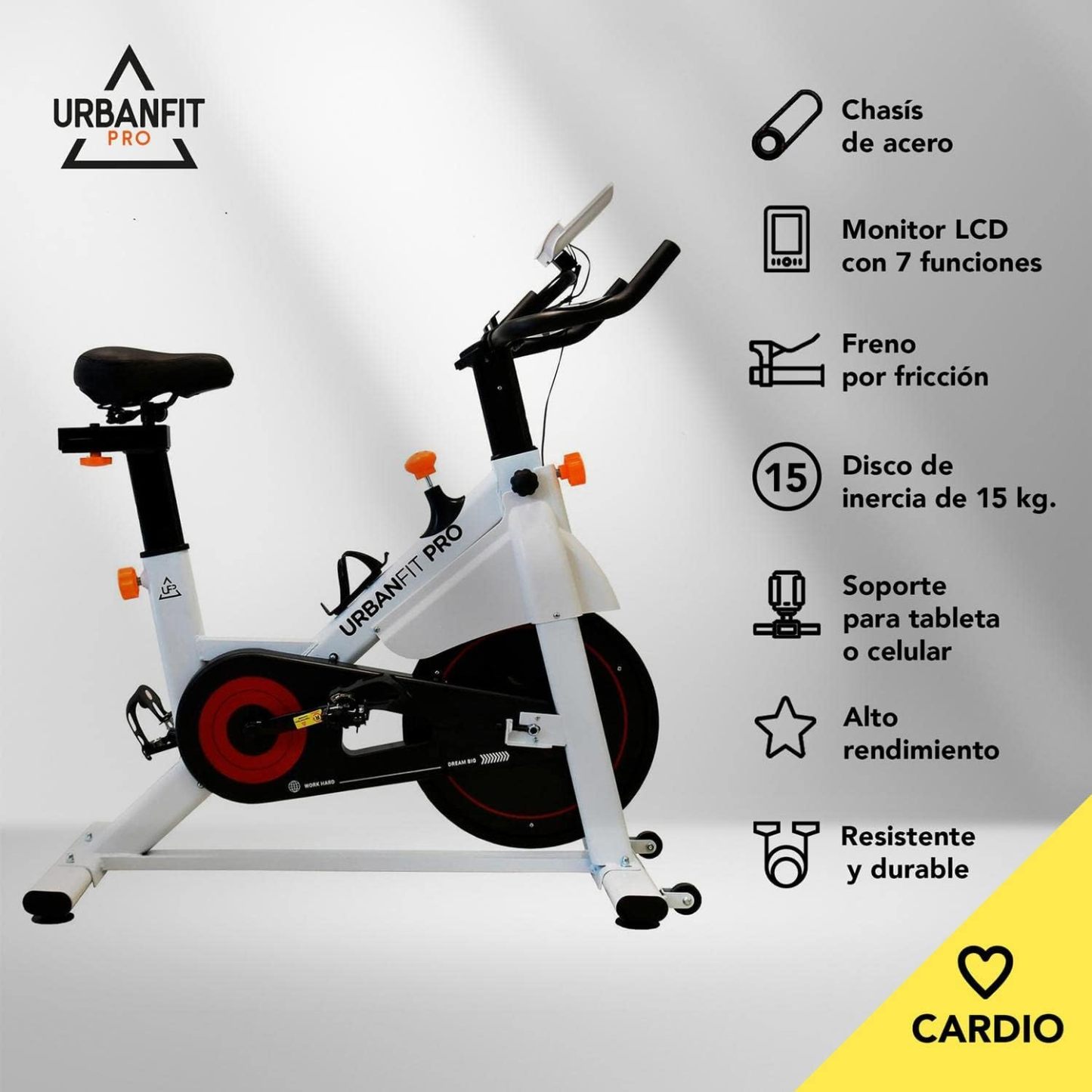 Bicicleta Fija para Spinning UrbanFit Pro Fitness Cardio de 15 Kg – Monitor Electrónico con 7 Funciones – Completamente Ajustable – Bici Fija para Spinning – Entrenamiento Cardio en Casa – Resistente y Fácil de Instalar – Variedad de Colores
