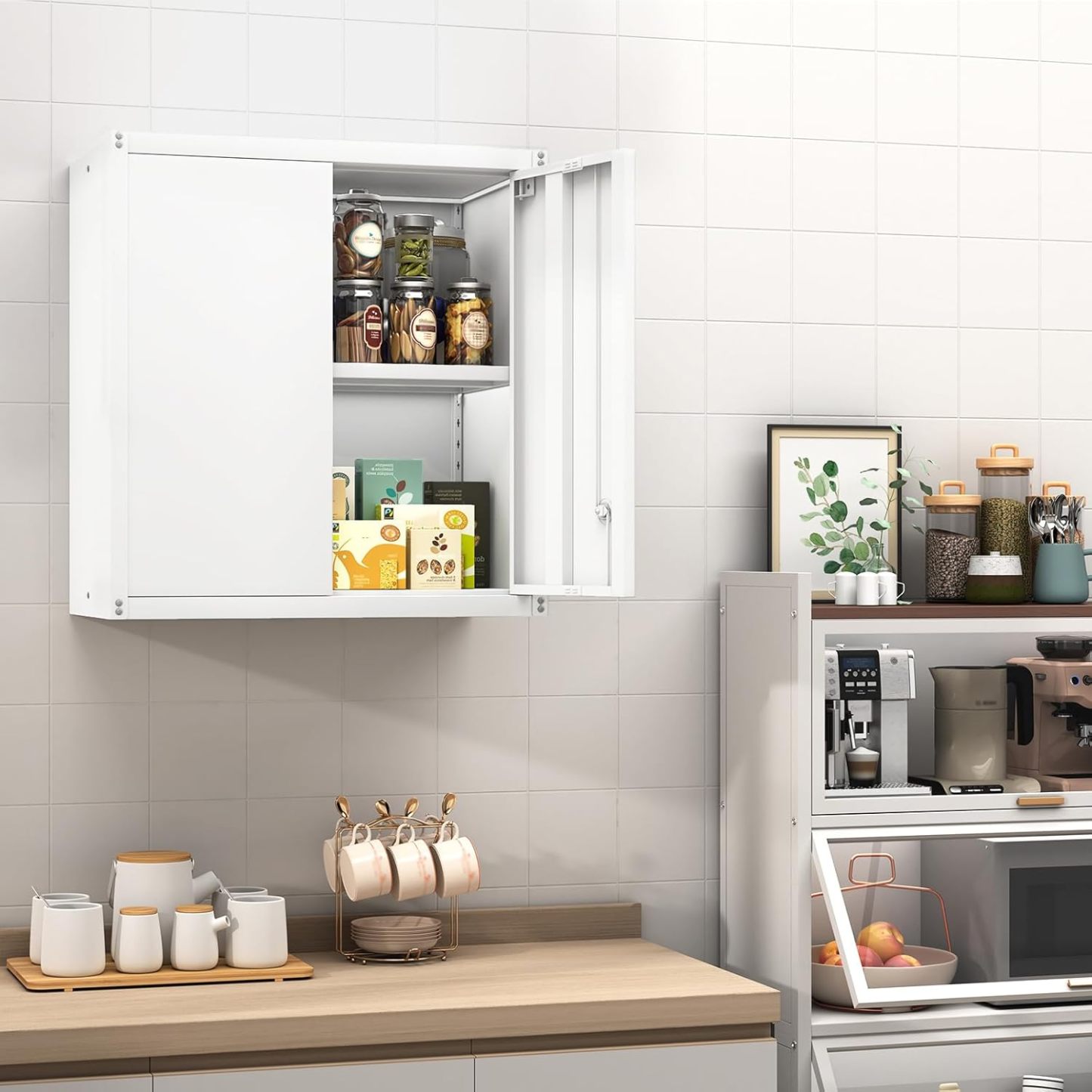 GREATMEET - clóset de almacenamiento de pared de metal con cerradura,armarios de almacenamiento de metal blanco con 1 estante ajustable y 2 puertas,gabinete de acero,desmontar H27.95 White