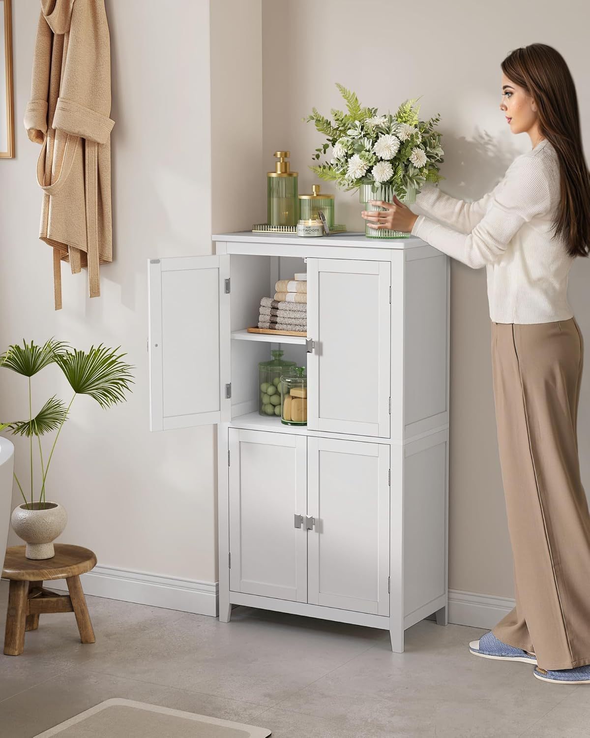 VASAGLE Mueble de Baño, Armario de Baño, Armario de Cocina, con 2 Puertas y 2 Cajones, Estantes Ajustables, 30 x 60 x 110 cm, Gris Paloma MBBC551G02