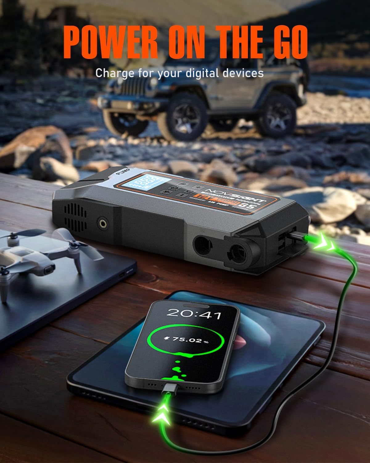 NOVSIGHT - Arrancador de arranque con compresor de aire, caja portátil de 6000 A, 13 en 1 para batería de coche, paquete de alimentación de arranque de 12 V (todo gas / 10 L) inflador de neumáticos de