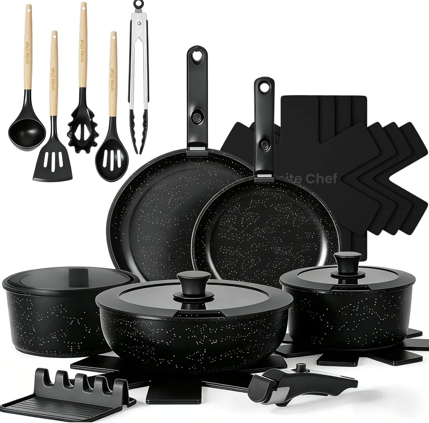 Juego de ollas y sartenes antiadherentes Umite Chef, juego de 21 piezas de cerámica para cocina con mango desmontable, utensilios de cocina antiadherentes y saludables para inducción, aptos para lavavajillas y caravanas, aptos para horno, apilables, color