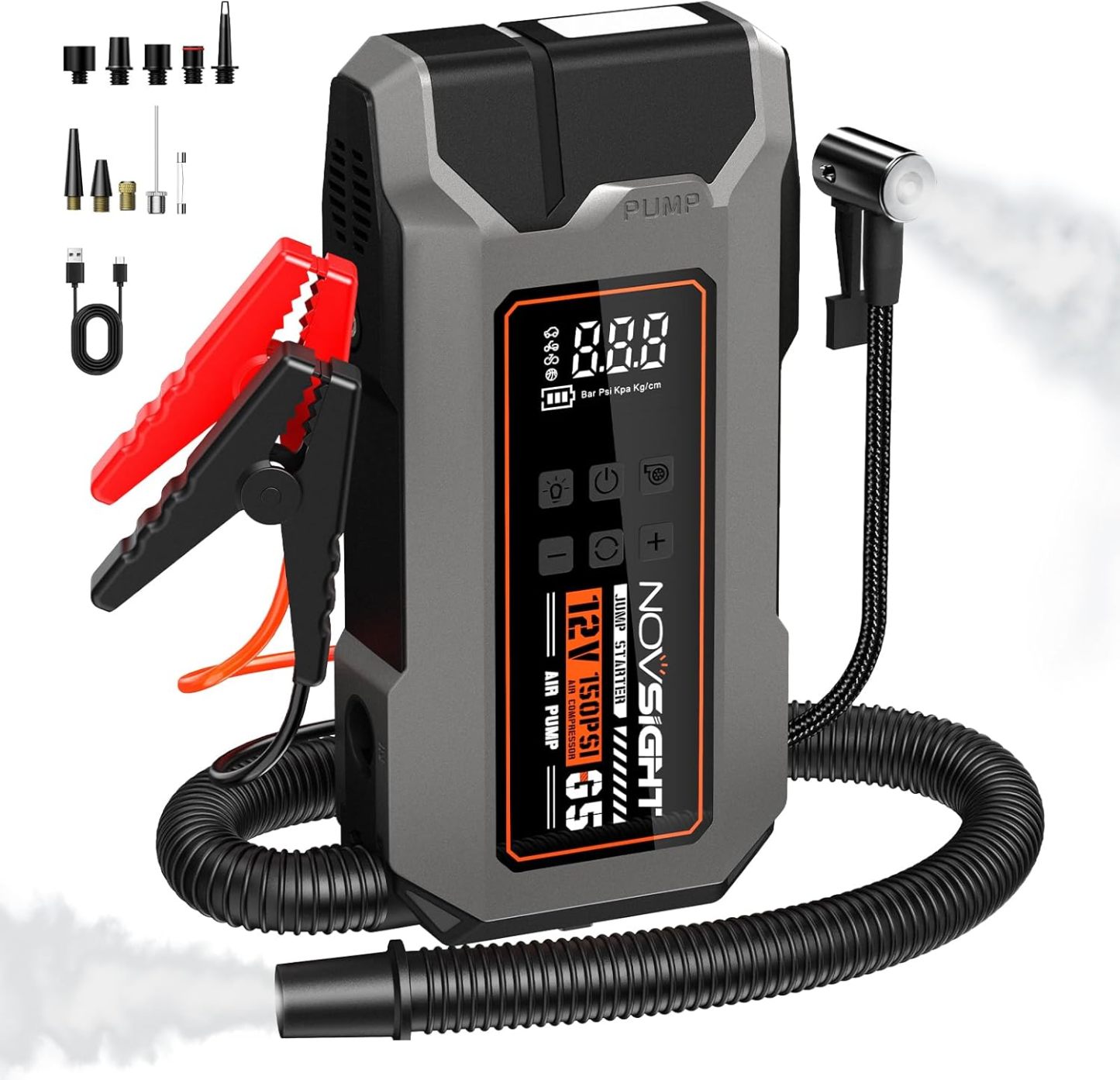 NOVSIGHT - Arrancador de arranque con compresor de aire, caja port��til de 6000 A, 13 en 1 para bater��a de coche, paquete de alimentaci��n de arranque de 12 V (todo gas / 10 L) inflador de neum��ticos de