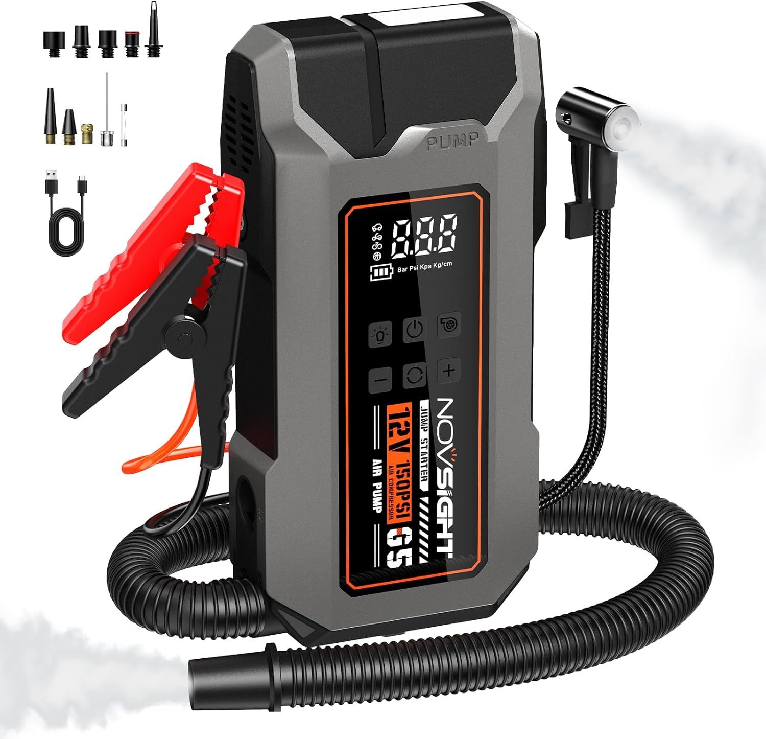 NOVSIGHT - Arrancador de arranque con compresor de aire, caja port��til de 6000 A, 13 en 1 para bater��a de coche, paquete de alimentaci��n de arranque de 12 V (todo gas / 10 L) inflador de neum��ticos de
