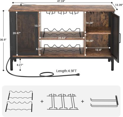 Homieasy Gabinete de Bar de Vino con Tomas de Corriente y Luces LED, Gabinete Industrial para Licor con Estantes de Vino Ajustables, Gabinetes de Estación de Café con Almacenamiento para Cocina/Hogar