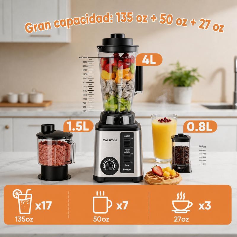 Licuadora Profesional Multifuncional 8 en 1, 9500W, Jarra de 4L, 38,000 RPM y 15 Velocidades, Procesador de Alimentos para Jugos, Carne, Hielo, Café y Especias
