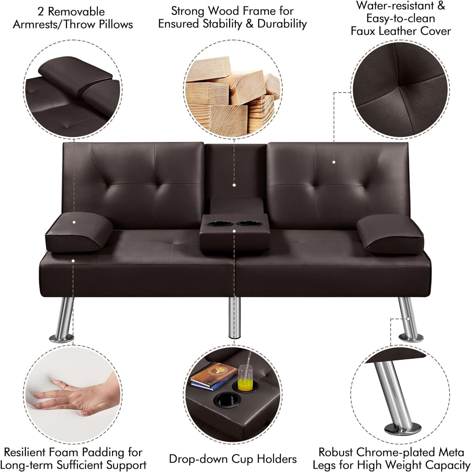 Yaheetech - Sofá Cama Convertible Ajustable, Moderno sillón reclinable de Piel sintética Reversible, sofá Cama Plegable, reposabrazos extraíbles, portavasos, 3 ángulos, Capacidad de 700 Libras, Color