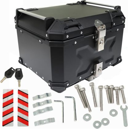 Labwork - Caja trasera para motocicleta de 45 l, con placa de montaje, aleación de aluminio dura, cierre de seguridad contra robo, metal plateado, caja trasera para maletero