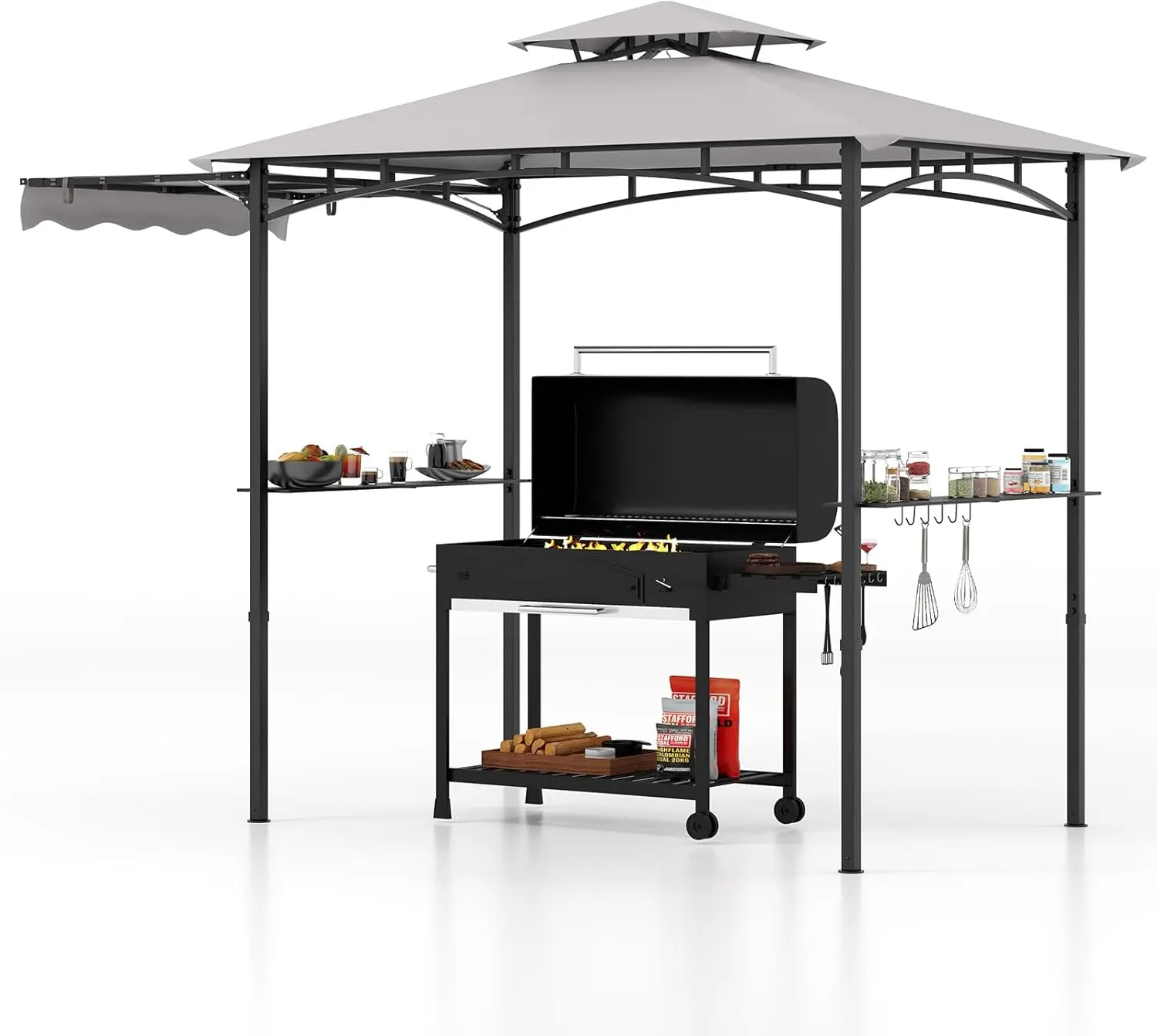 [Regalo para el Día de la Madre] Cenador para Parrilla con Toldo Lateral — Cenador de 2 Niveles para Barbacoa con Estantes, Ganchos Colgantes y Abrebotellas — Toldo Exterior para Parrilla (Ideal para Patio Trasero, Jardín o Zona de Piscina)