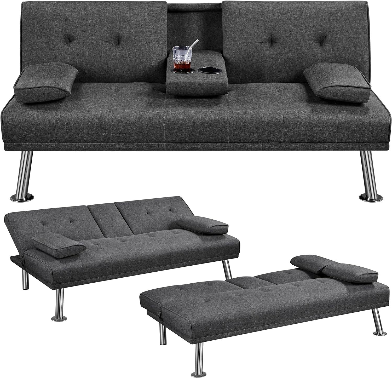 Yaheetech - Sofá cama convertible de tela de lino reclinable, con portavasos y reposabrazos extraíbles, soporta 350 kg