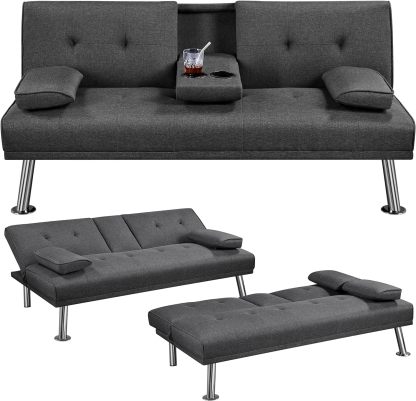 Yaheetech - Sofá cama convertible de tela de lino reclinable, con portavasos y reposabrazos extraíbles, soporta 350 kg