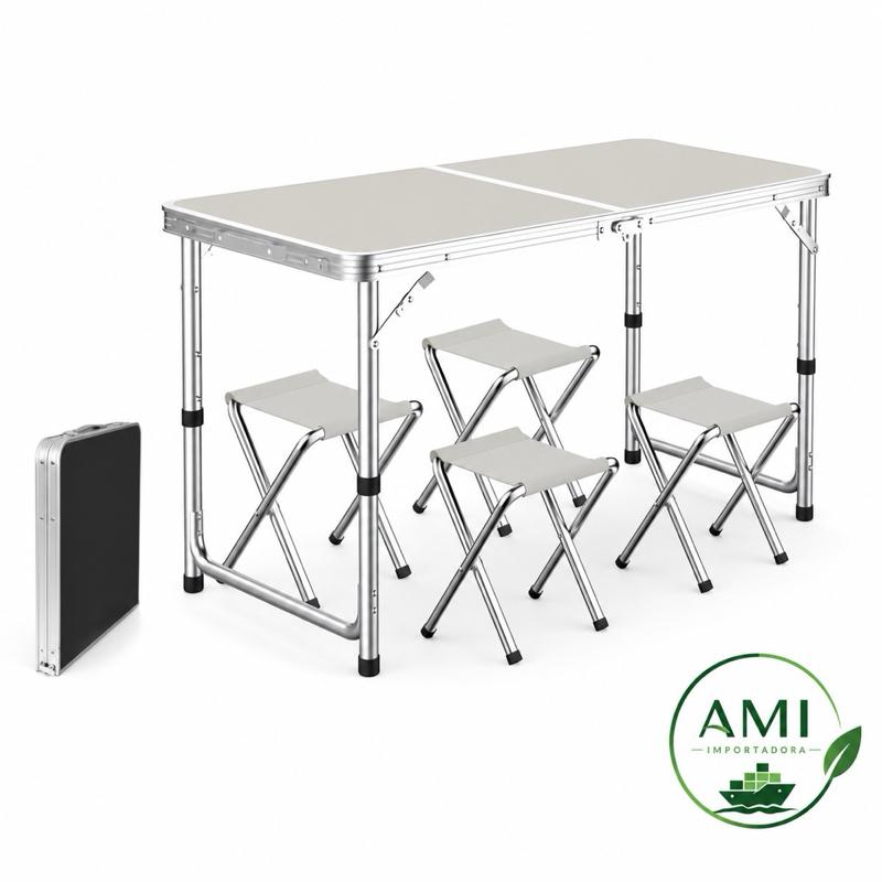 Mesa plegable ajustable 120 cm con 4 sillas estilo portafolio para camping, picnic o jardín, fabricada en plástico resistente con estructura de metal ligera, ideal para exteriores y fácil de transportar.