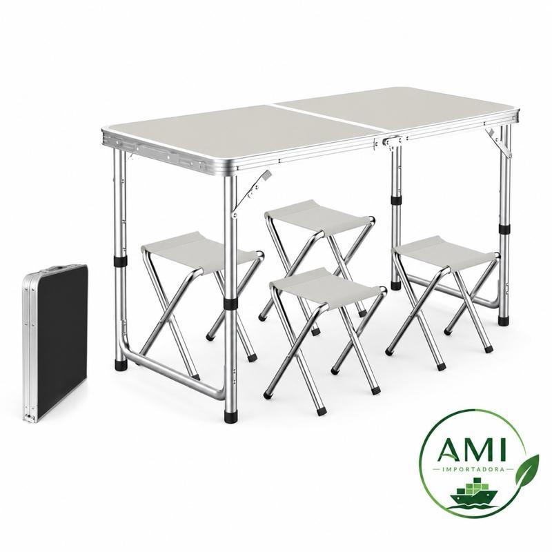 Mesa plegable ajustable 120 cm con 4 sillas estilo portafolio para camping, picnic o jardín, fabricada en plástico resistente con estructura de metal ligera, ideal para exteriores y fácil de transportar.