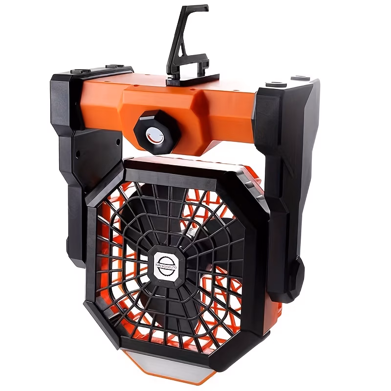 Ventilador portátil para camping al aire libre con luz led de brillo ajustable, gancho, recargable por usb, batería incorporada de 7800 mah para mayor duración, con ángulos ajustables de 270° y control de velocidad sin escalones