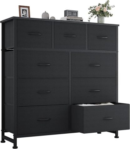 Cómoda Alta de 9 Cajones para Recámara y Closet, Mueble Organizador de Ropa y Juguetero para Bebé, Cajonera de Tela con Estante de Madera, Torre de Almacenamiento Vertical (Blanco)