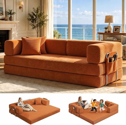 Sofá cama doble tapizado, plegable y convertible, ideal para espacios pequeños como apartamentos, residencias estudiantiles o salas de estar pequeñas. Puede utilizarse para relajarse, leer o tomar una siesta.