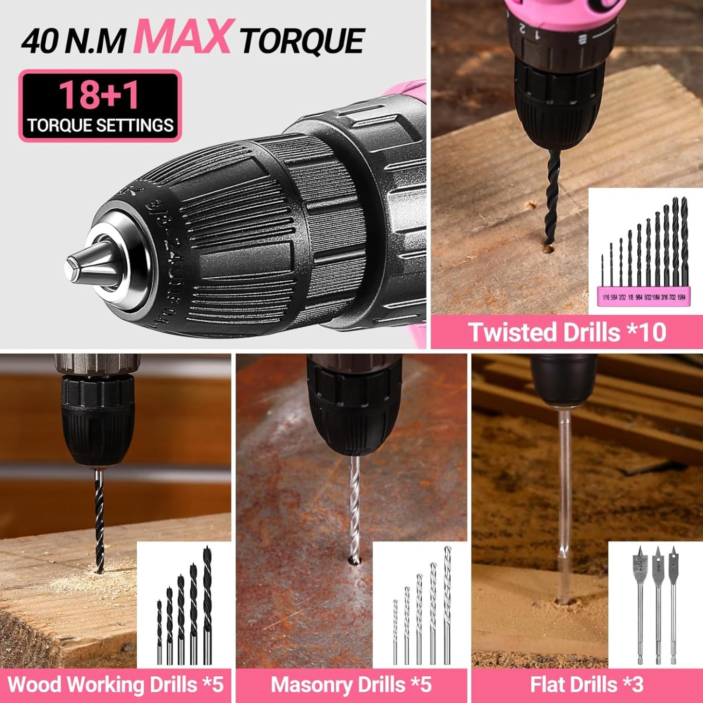 Juego de herramientas de taladro rosa: caja de herramientas de taladro eléctrico inalámbrico de 20 V con batería, taladro eléctrico para hombres, reparación de mano, caja de herramientas básicas