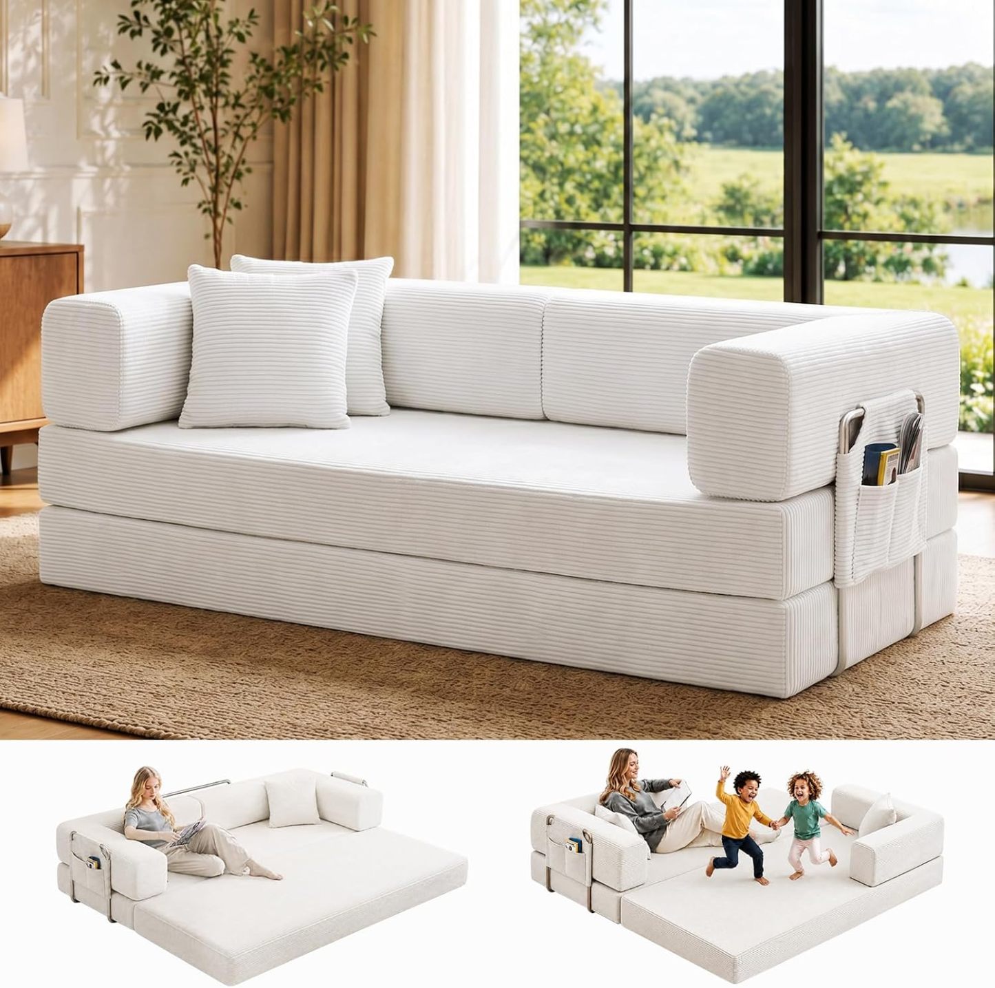 Sofá cama doble tapizado, plegable y convertible, ideal para espacios pequeños como apartamentos, residencias estudiantiles o salas de estar pequeñas. Puede utilizarse para relajarse, leer o tomar una siesta.