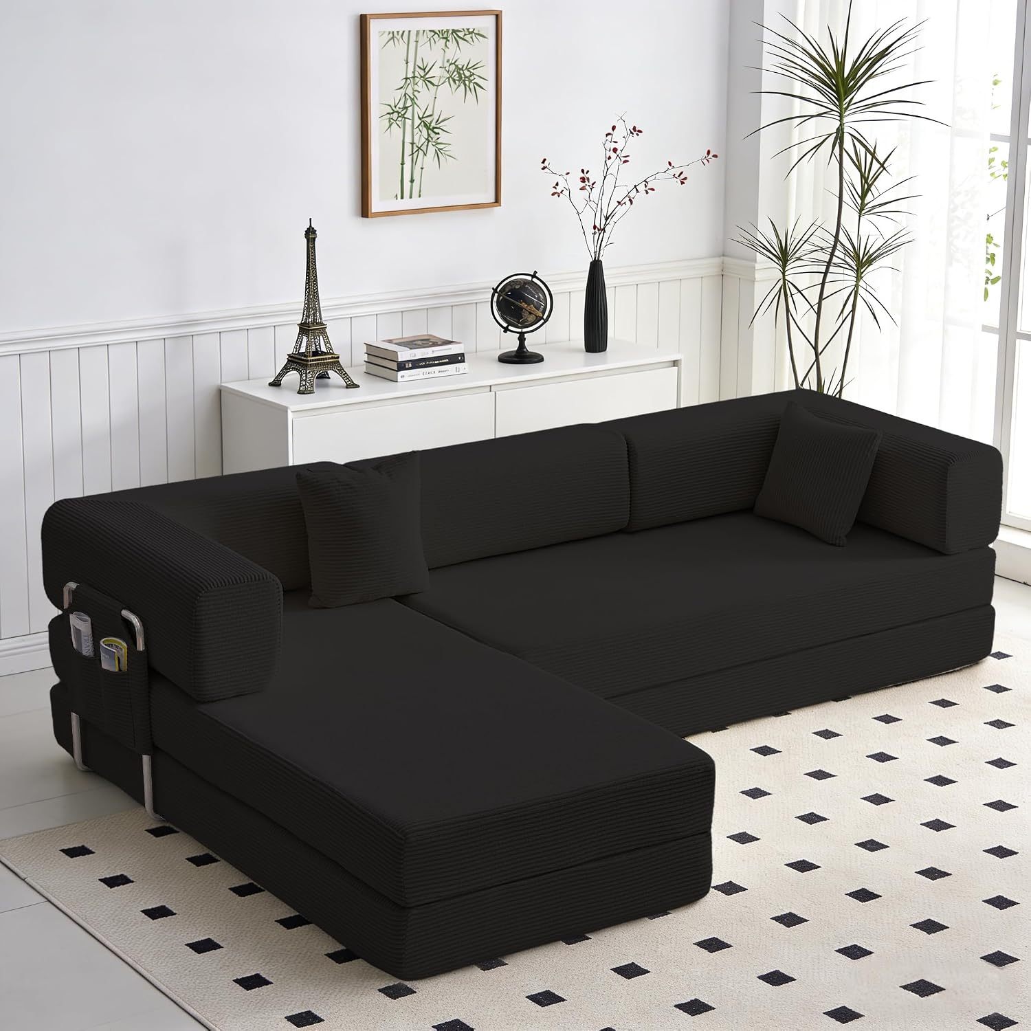 Sofá cama doble tapizado, plegable y convertible, ideal para espacios pequeños como apartamentos, residencias estudiantiles o salas de estar pequeñas. Puede utilizarse para relajarse, leer o tomar una siesta.