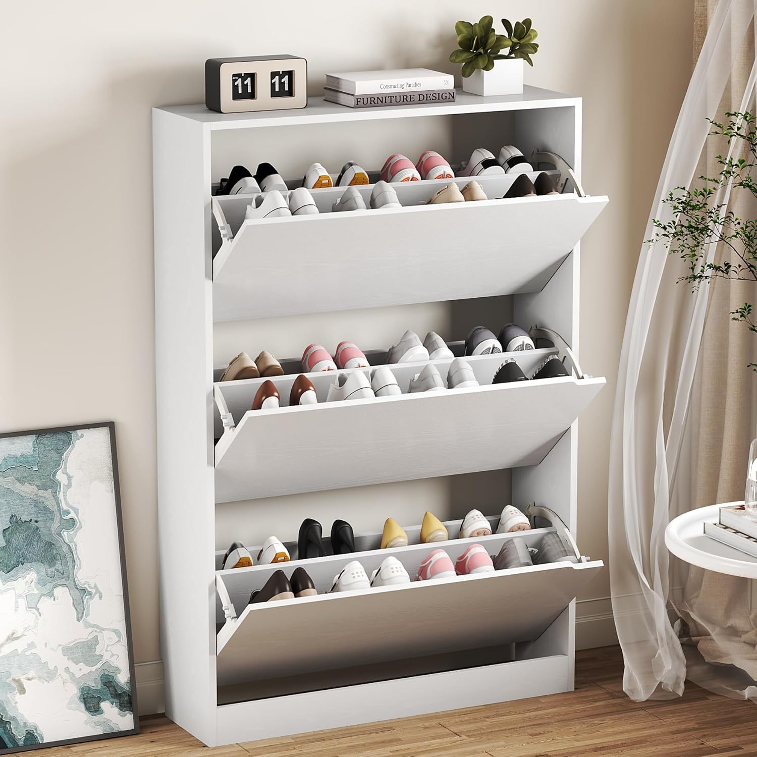 clóset de zapatos con 3 cajones abatibles, clóset de madera oculto, clóset de almacenamiento de zapatos no empotrado para entrada, pasillo, color blanco 47 pulgadas de alto x 31.5 pulgadas
