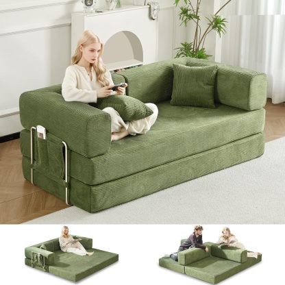 Sofá cama doble tapizado, plegable y convertible, ideal para espacios pequeños como apartamentos, residencias estudiantiles o salas de estar pequeñas. Puede utilizarse para relajarse, leer o tomar una siesta.