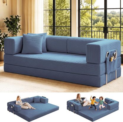 Sofá cama doble tapizado, plegable y convertible, ideal para espacios pequeños como apartamentos, residencias estudiantiles o salas de estar pequeñas. Puede utilizarse para relajarse, leer o tomar una siesta.