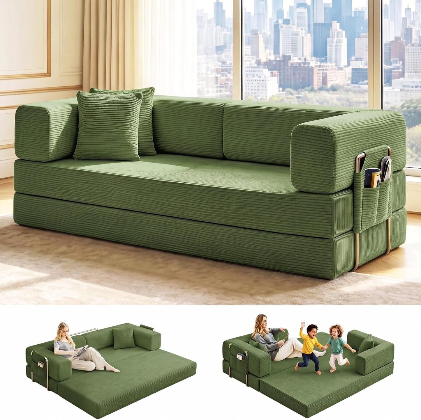 Sofá cama doble tapizado, plegable y convertible, ideal para espacios pequeños como apartamentos, residencias estudiantiles o salas de estar pequeñas. Puede utilizarse para relajarse, leer o tomar una siesta.