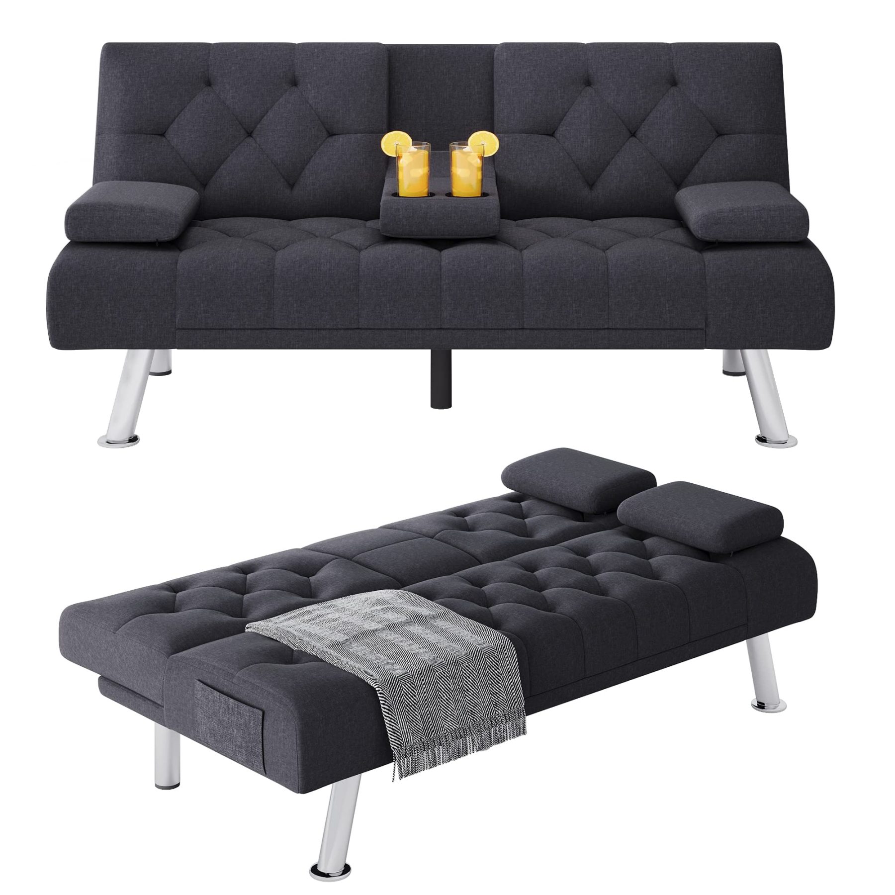 Homfa Sofá cama futón convertible, sofá cama plegable de 66.3 pulgadas con reposabrazos extraíbles y 2 portavasos para sala de estar, acabado gris