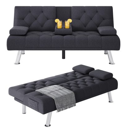 Homfa Sofá cama futón convertible, sofá cama plegable de 66.3 pulgadas con reposabrazos extraíbles y 2 portavasos para sala de estar, acabado gris