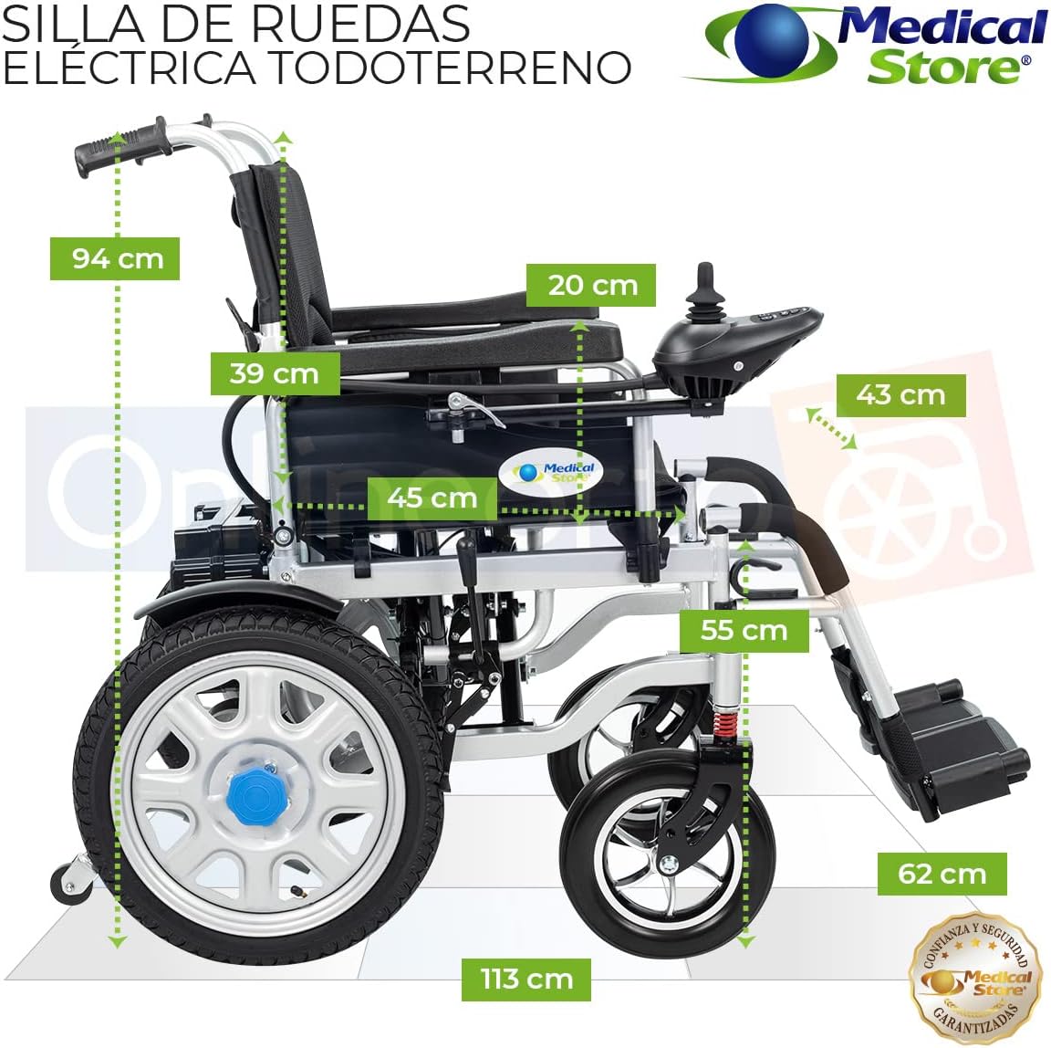 Medical Store de Lujo Silla De Ruedas Eléctrica, Modelo 101GMS, Silla Plegable de Acero de Alta Resistencia, Color Negro, Incluye Cinturón de seguridad y Control Joystick.