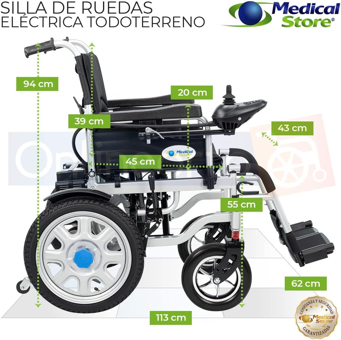 Medical Store de Lujo Silla De Ruedas Eléctrica, Modelo 101GMS, Silla Plegable de Acero de Alta Resistencia, Color Negro, Incluye Cinturón de seguridad y Control Joystick.