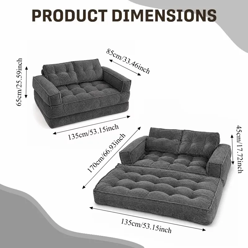 Sofá cama doble tapizado, plegable y convertible, ideal para espacios pequeños como apartamentos, residencias estudiantiles o salas de estar pequeñas. Puede utilizarse para relajarse, leer o tomar una siesta.