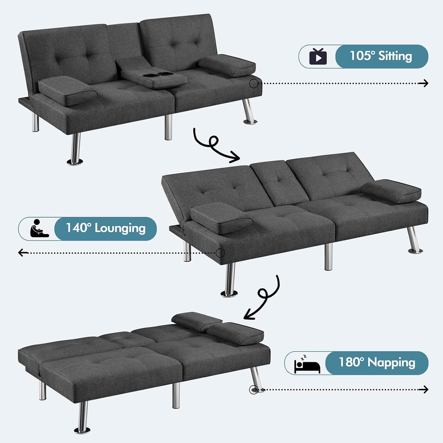 Yaheetech - Sofá Cama Convertible Ajustable, Moderno sillón reclinable de Piel sintética Reversible, sofá Cama Plegable, reposabrazos extraíbles, portavasos, 3 ángulos, Capacidad de 700 Libras, Color