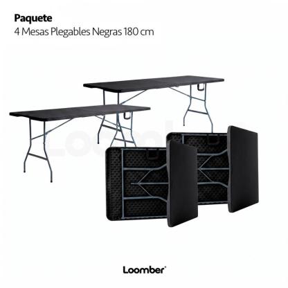 Paquete 4 Mesas Plegables Negras 180 cm Portátiles Resistencia 80KG para Eventos Familiares Interior y Exterior