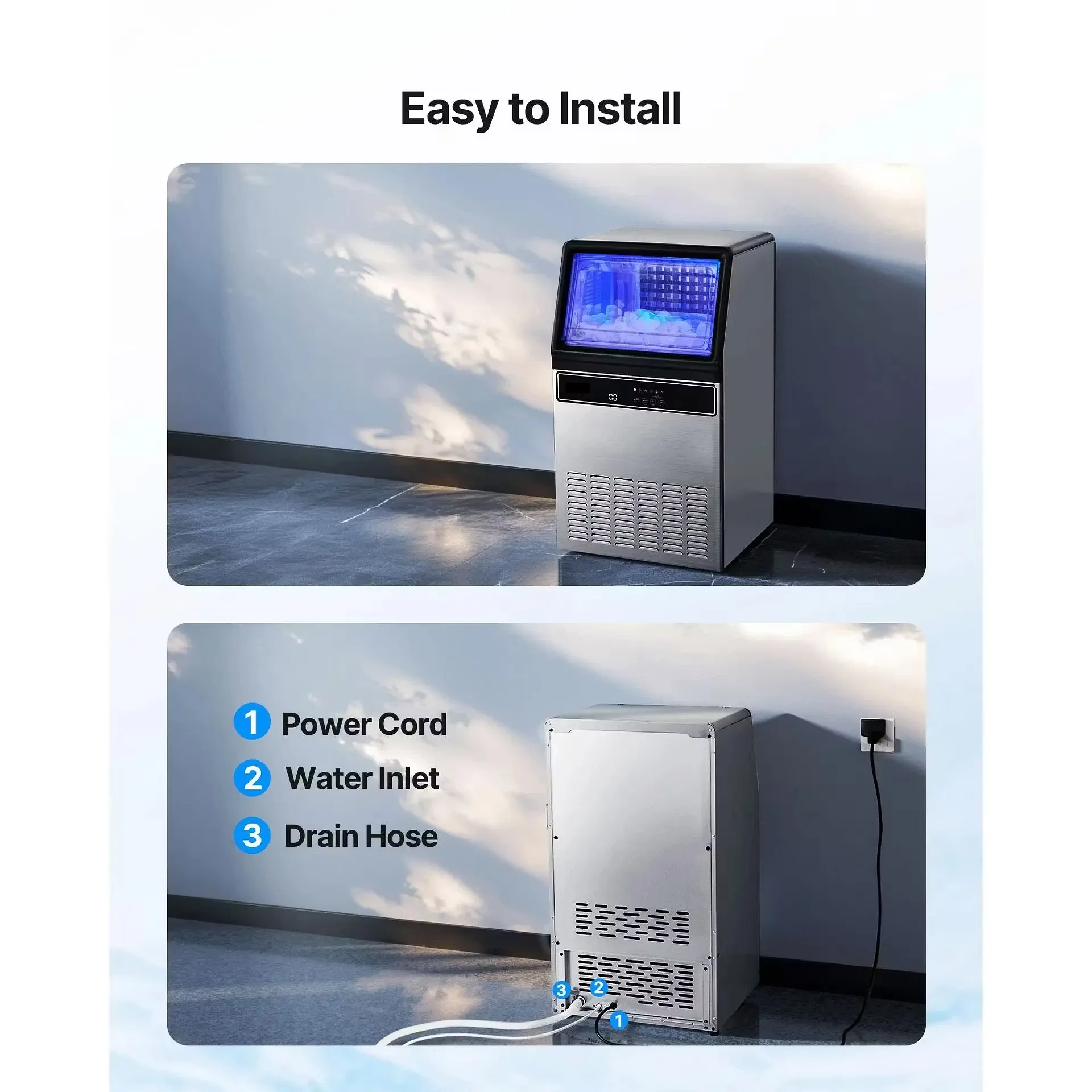 Máquina de hielo comercial, capacidad de 130 libras/24 h y almacenamiento de 33 libras, 45 cubitos por ciclo; fabricadora de hielo de acero inoxidable (independiente o empotrable) con pantalla LED y autolimpieza, ideal para hogares, bares y restaura