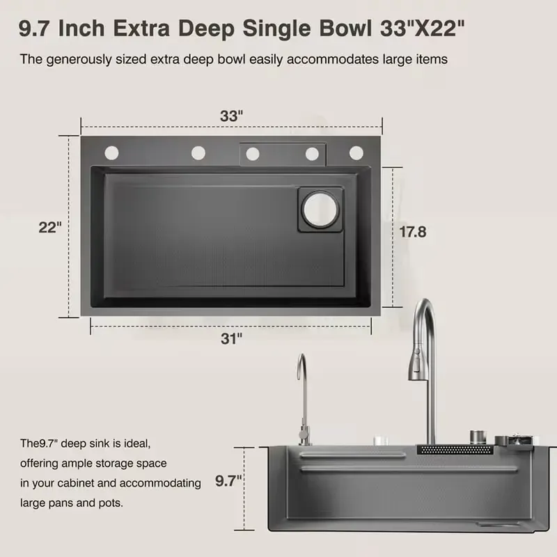 Fregadero de cocina de acero inoxidable de 33 x 22 pulgadas, color negro nano, diseño de cascada y montaje empotrado (drop-in), cubeta única, con grifo extraíble y accesorios incluidos.