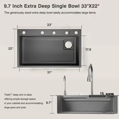 Fregadero de cocina de acero inoxidable de 33 x 22 pulgadas, color negro nano, diseño de cascada y montaje empotrado (drop-in), cubeta única, con grifo extraíble y accesorios incluidos.