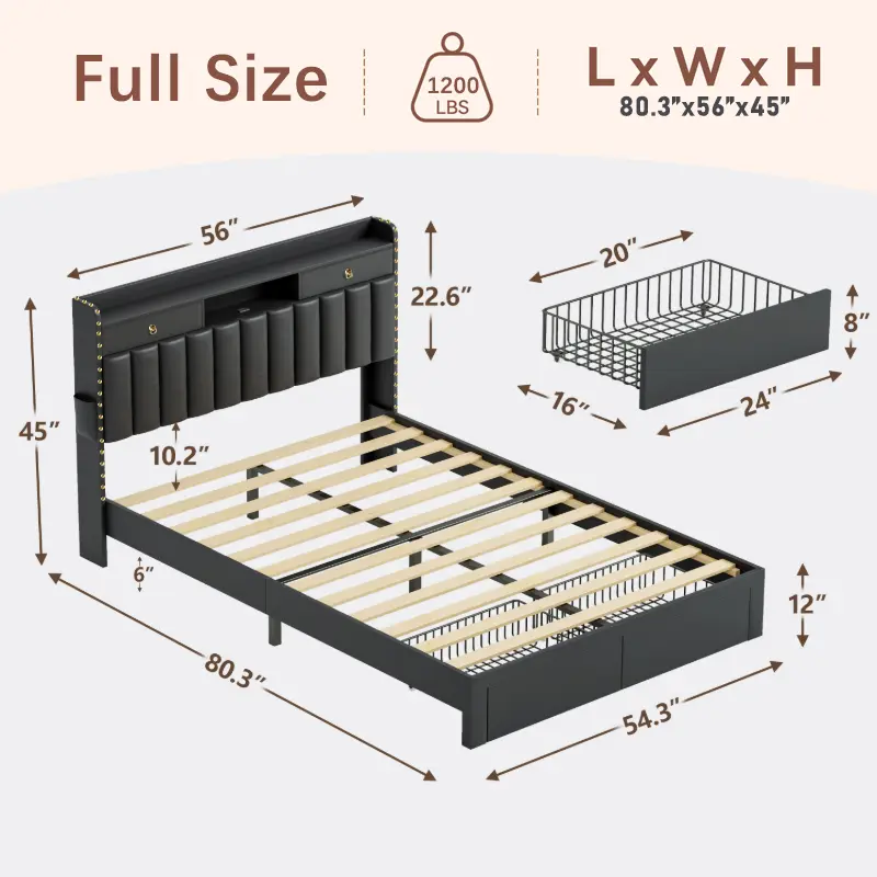 Estructura de cama TryLazy Furniture con 4 cajones y 2 puertos de carga USB y 1 puerto de carga tipo C, sin colchón, estructura de cama tapizada con cabecero con almacenamiento, no requiere somier, fácil montaje, tamaño matrimonial/queen/king.