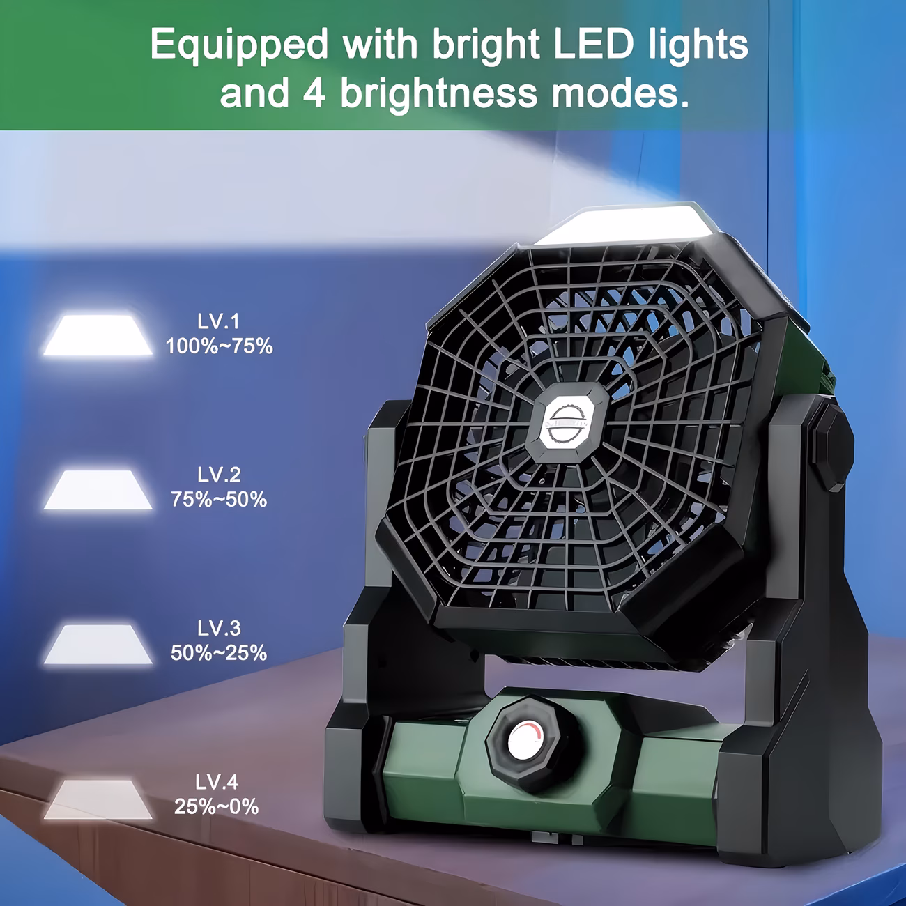 Ventilador portátil para camping al aire libre con luz led de brillo ajustable, gancho, recargable por usb, batería incorporada de 7800 mah para mayor duración, con ángulos ajustables de 270° y control de velocidad sin escalones