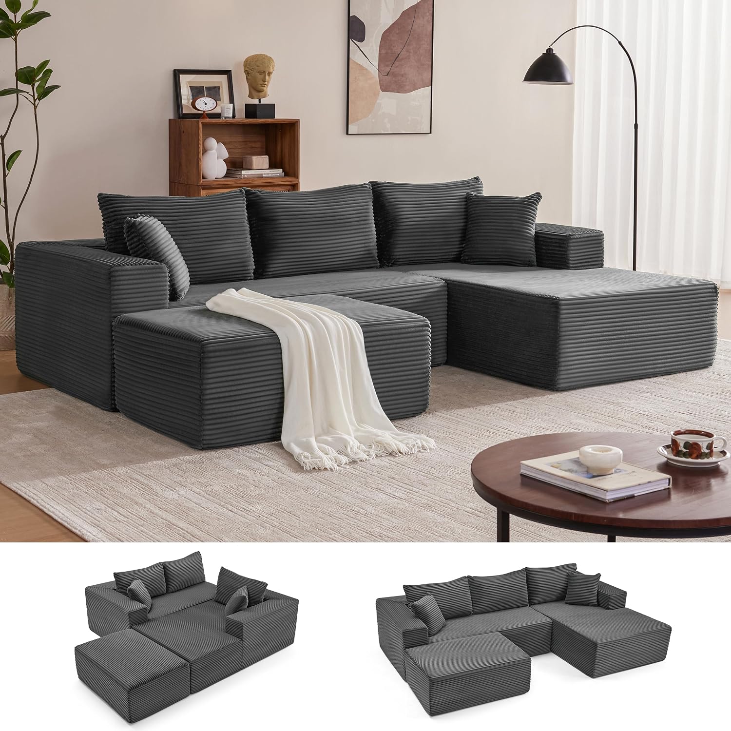 Sofá modular Mangodan de 110 pulgadas, estilo "Cloud" para sala de estar, color gris | Sofá en forma de L con chaise longue a la izquierda, asientos profundos y respaldo ergonómico; apto para niños y mascotas; ideal para apartamentos y salas de estar.