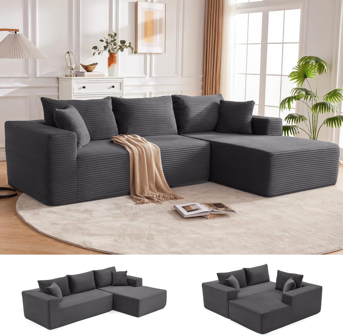 Sofá modular Mangodan de 110 pulgadas, estilo "Cloud" para sala de estar, color gris | Sofá en forma de L con chaise longue a la izquierda, asientos profundos y respaldo ergonómico; apto para niños y mascotas; ideal para apartamentos y salas de estar.