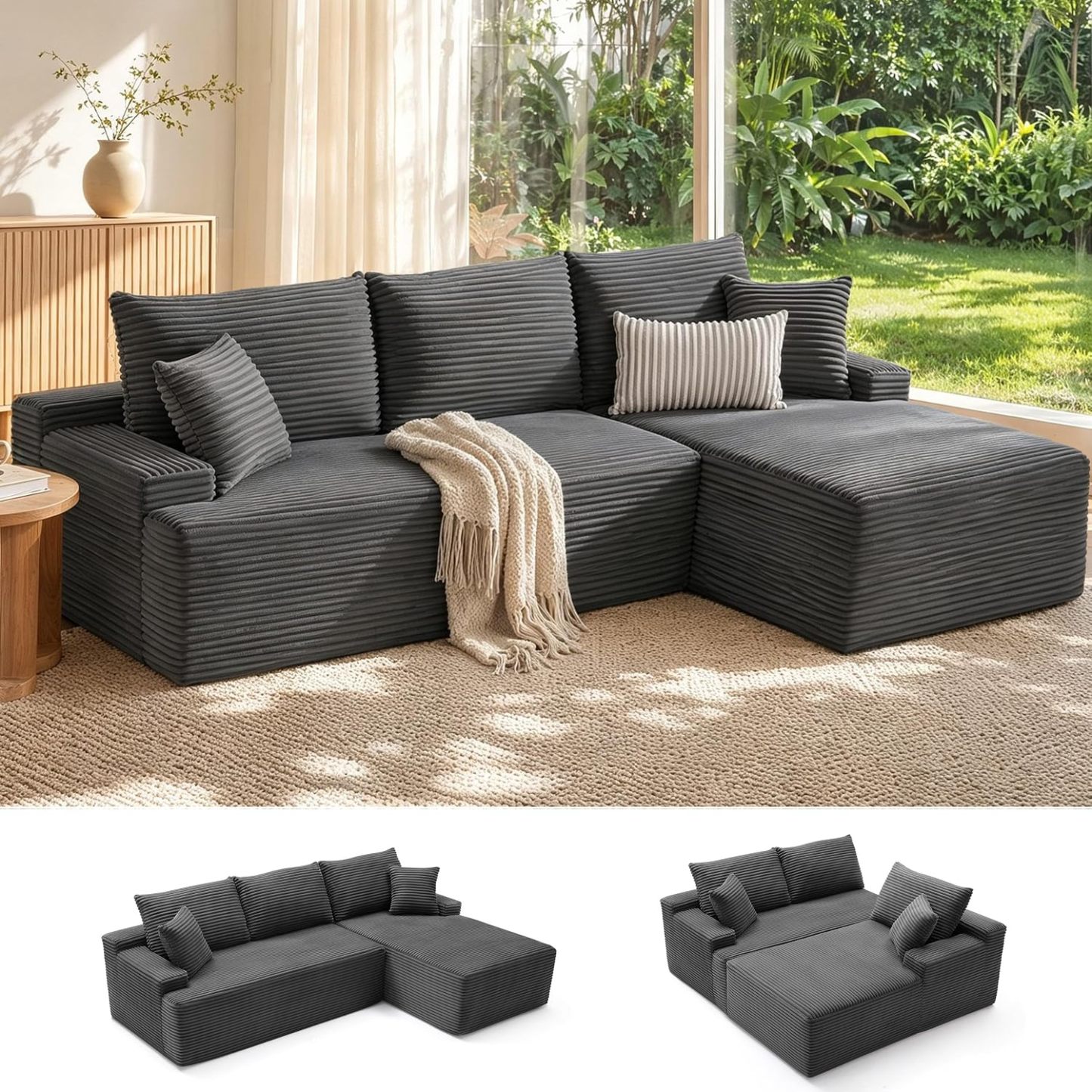Sofá modular Mangodan de 110 pulgadas, estilo "Cloud" para sala de estar, color gris | Sofá en forma de L con chaise longue a la izquierda, asientos profundos y respaldo ergonómico; apto para niños y mascotas; ideal para apartamentos y salas de estar.