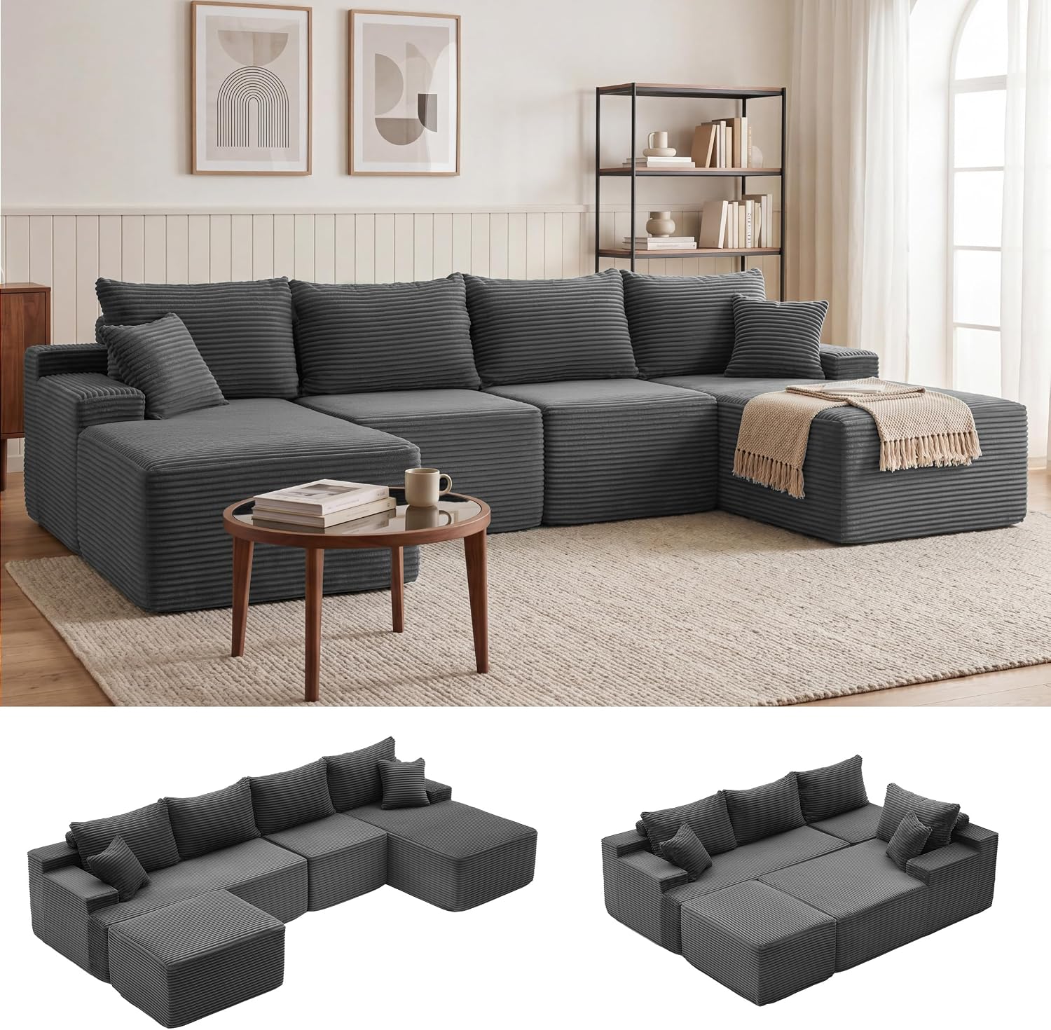 Sofá modular Mangodan de 110 pulgadas, estilo "Cloud" para sala de estar, color gris | Sofá en forma de L con chaise longue a la izquierda, asientos profundos y respaldo ergonómico; apto para niños y mascotas; ideal para apartamentos y salas de estar.