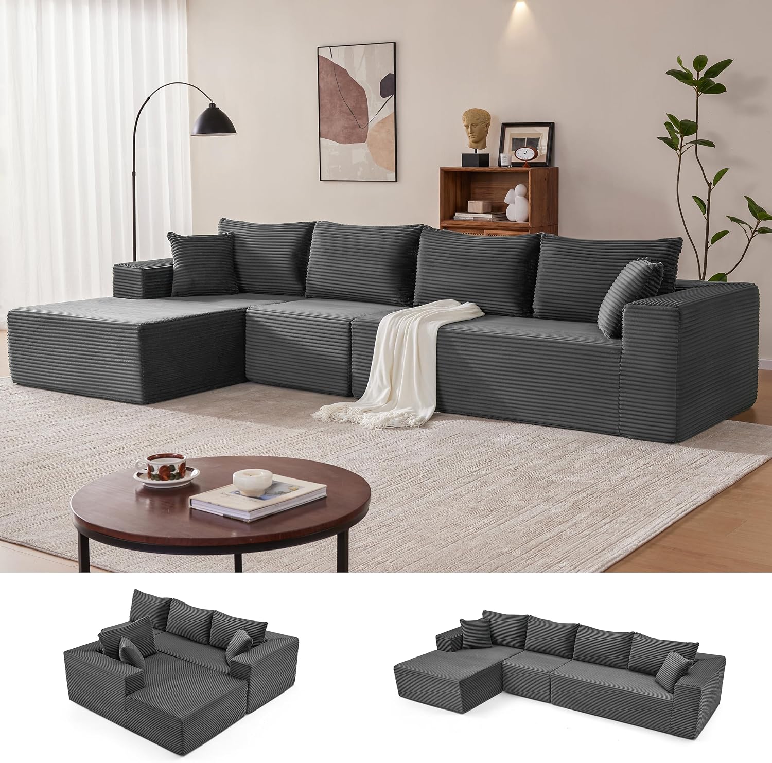 Sofá modular Mangodan de 110 pulgadas, estilo "Cloud" para sala de estar, color gris | Sofá en forma de L con chaise longue a la izquierda, asientos profundos y respaldo ergonómico; apto para niños y mascotas; ideal para apartamentos y salas de estar.