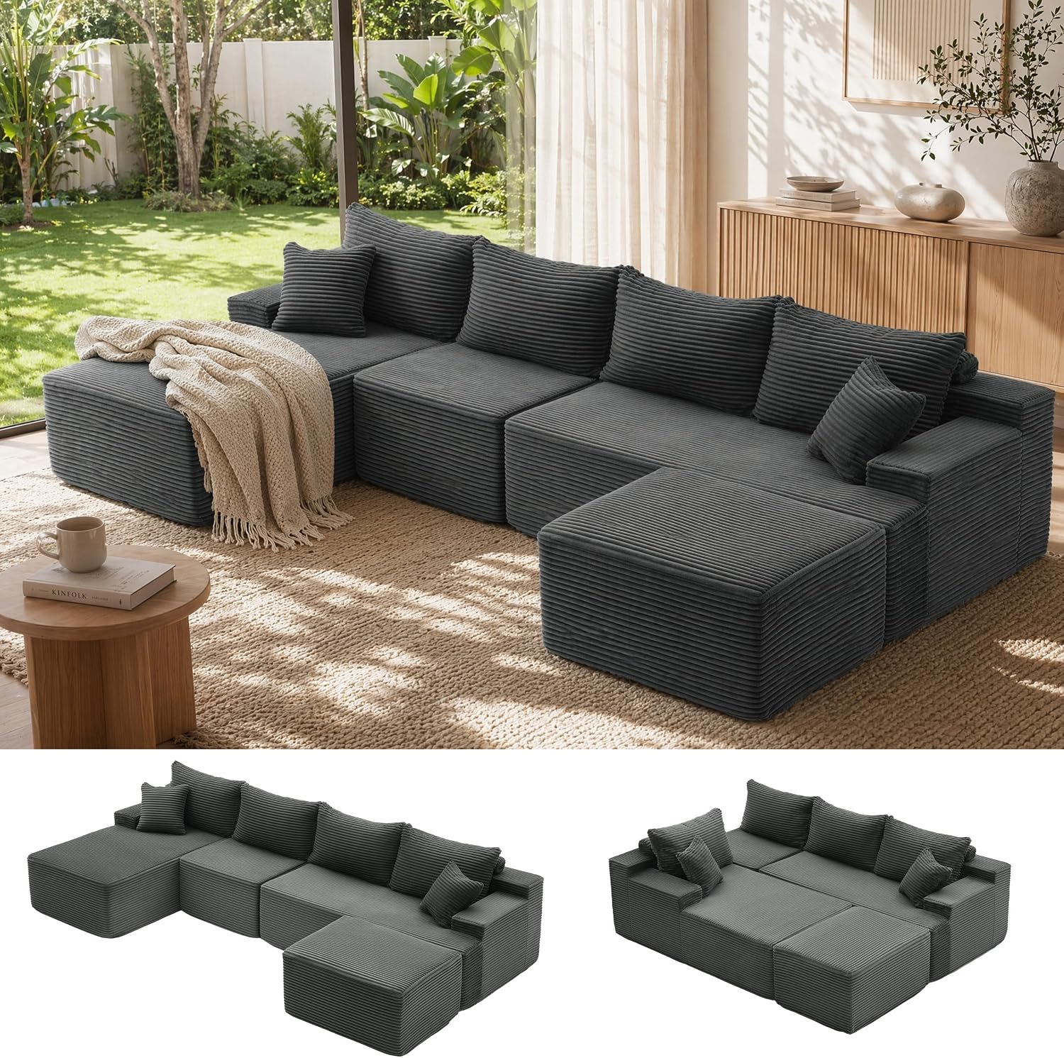 Sofá modular Mangodan de 110 pulgadas, estilo "Cloud" para sala de estar, color gris | Sofá en forma de L con chaise longue a la izquierda, asientos profundos y respaldo ergonómico; apto para niños y mascotas; ideal para apartamentos y salas de estar.
